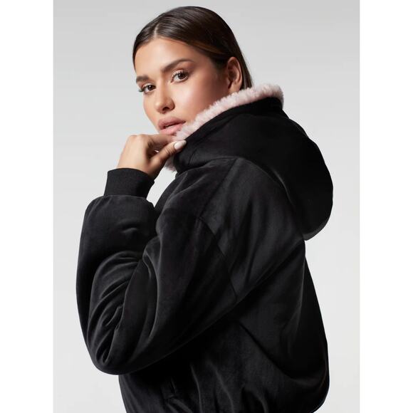 BLANC NOIR JACKET Women's Size XS Pink Black Faux Shearling REVERSIBLE HOODED - Picture 1 of 9